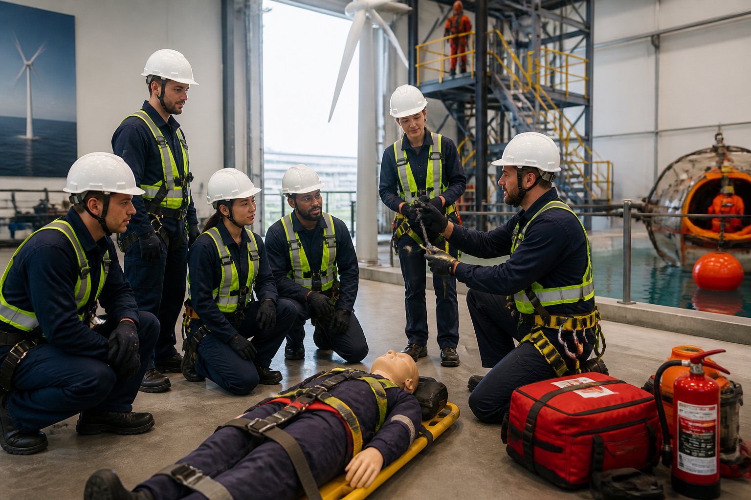 Trainees practice offshore wind safety skills with an instructor in a maritime training facility.