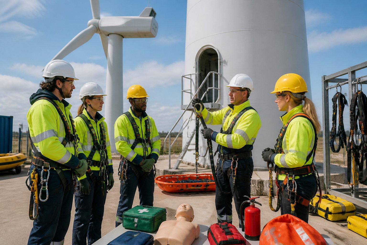 Wind turbine technicians in protective gear attend a hands-on safety training session beside a turbine.