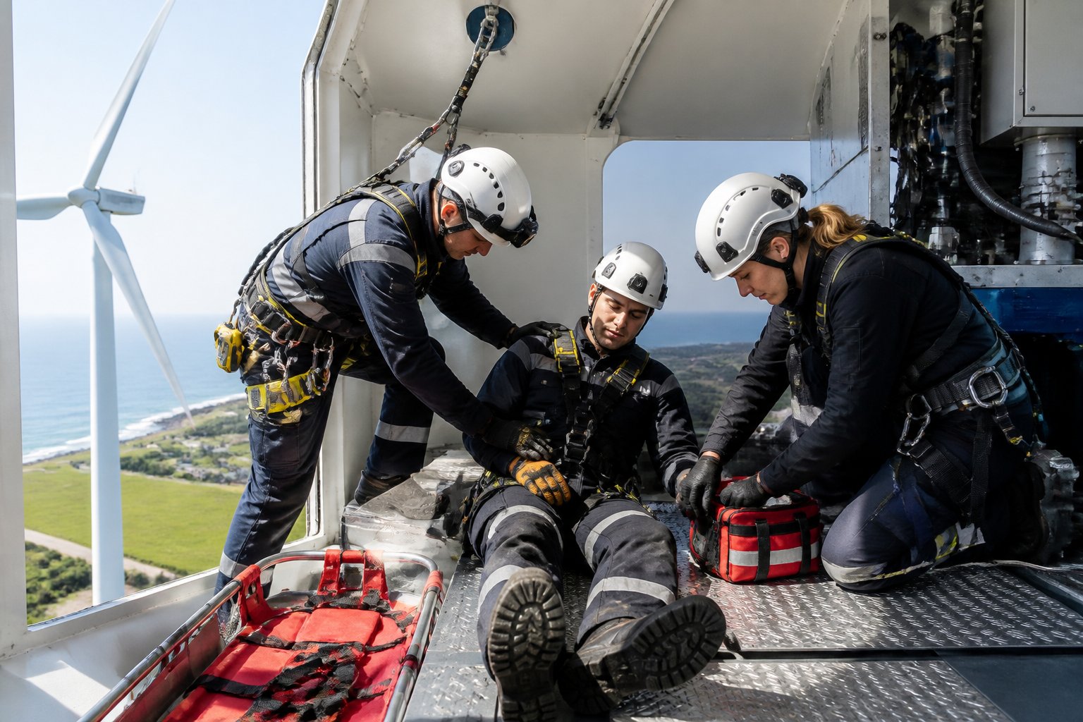 Wind turbine technicians conduct a high-angle rescue and first aid exercise inside a turbine access area.